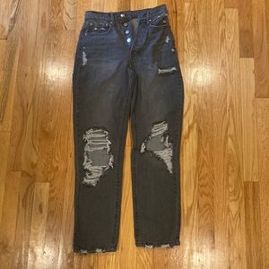 never worn jeans! size 27, high rise multi button zipper grey distressed wash